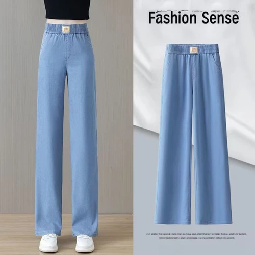 Imagen 2 del producto Pantalones vaqueros Tencel rectos de pierna ancha para mujer, pantalones sueltos de cintura alta de verano, pantalones casuales palazzo elásticos ligeros adelgazantes