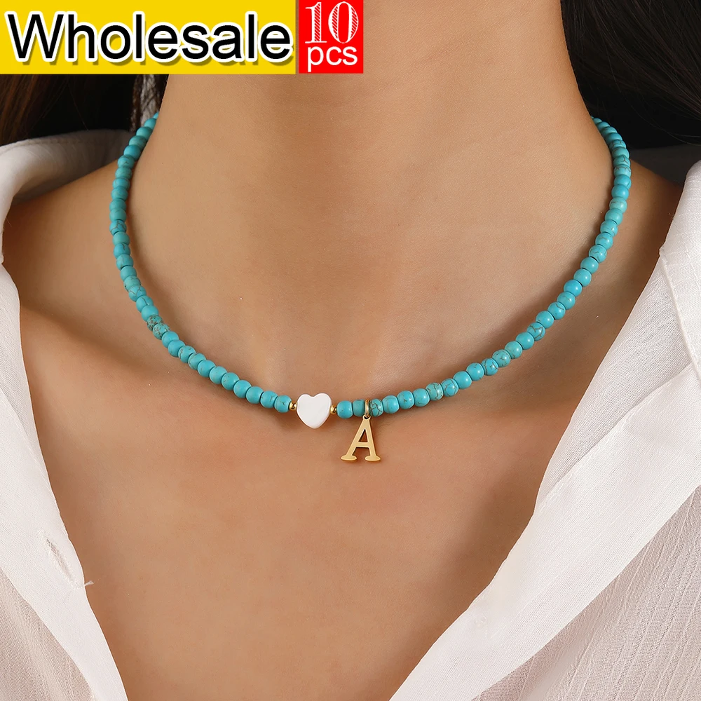 10PCS Bohemian style women's necklaces blue beaded heart-shaped shells 26 initials, pendants sweet accessories jewelry wholesale