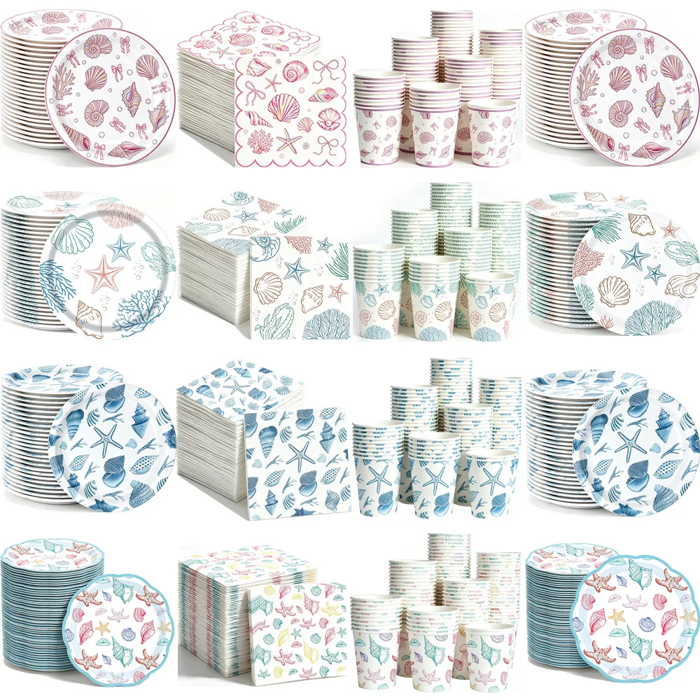 10/30pcs Ocean Seashell Disposable Tableware Set Paper Plates Cups Napkins for Summer Pool Beach Theme Birthday Party Supplies