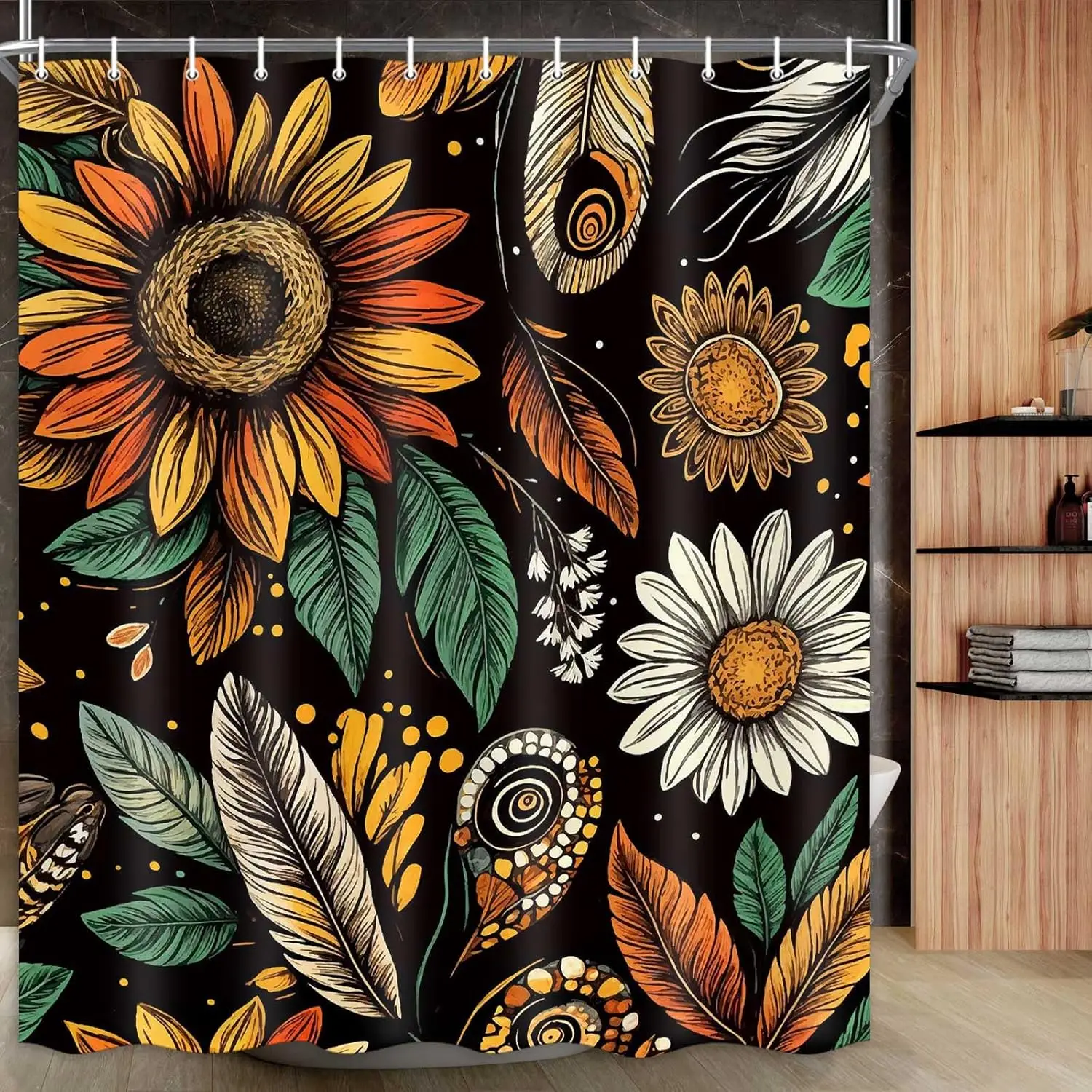 

Boho Floral Shower Curtain, Vintage Floral Bathroom Curtain, Waterproof Rustic Sunflower Bathroom Set Decor with 12 Hooks, Black