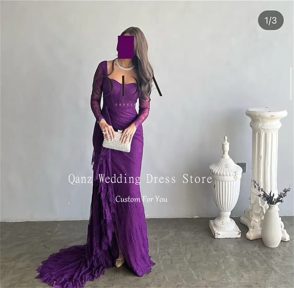 Qanz Saudi Arabia Evening Dresses Purple Lace High Slit Mermaid Formal Occasion Dresses Vestido Elegante Mujer Customized