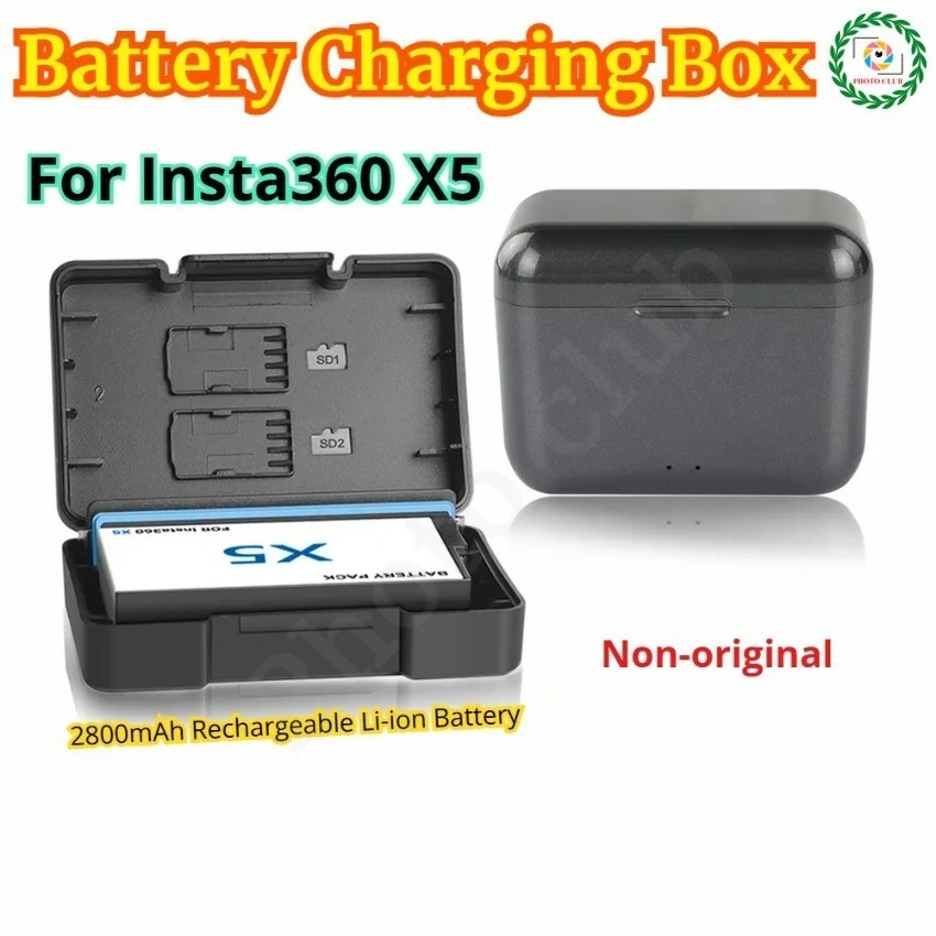 

2 слота для карт Type-C, чехол для зарядки аккумулятора для Insta360 X5, 2800 мАч, литий-ионный аккумулятор, аксессуары для камеры Insta360 X5