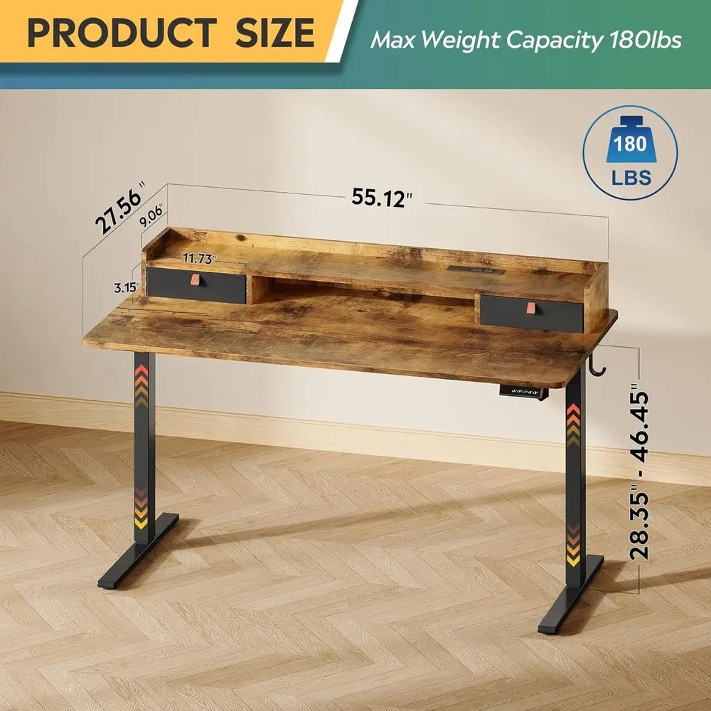 Rustic Brown Electric Standing Desk: 55x28 Inches with 3 Adjustable Heights, Drawers, Storage Shelf, USB Outlets, and Memory Pre