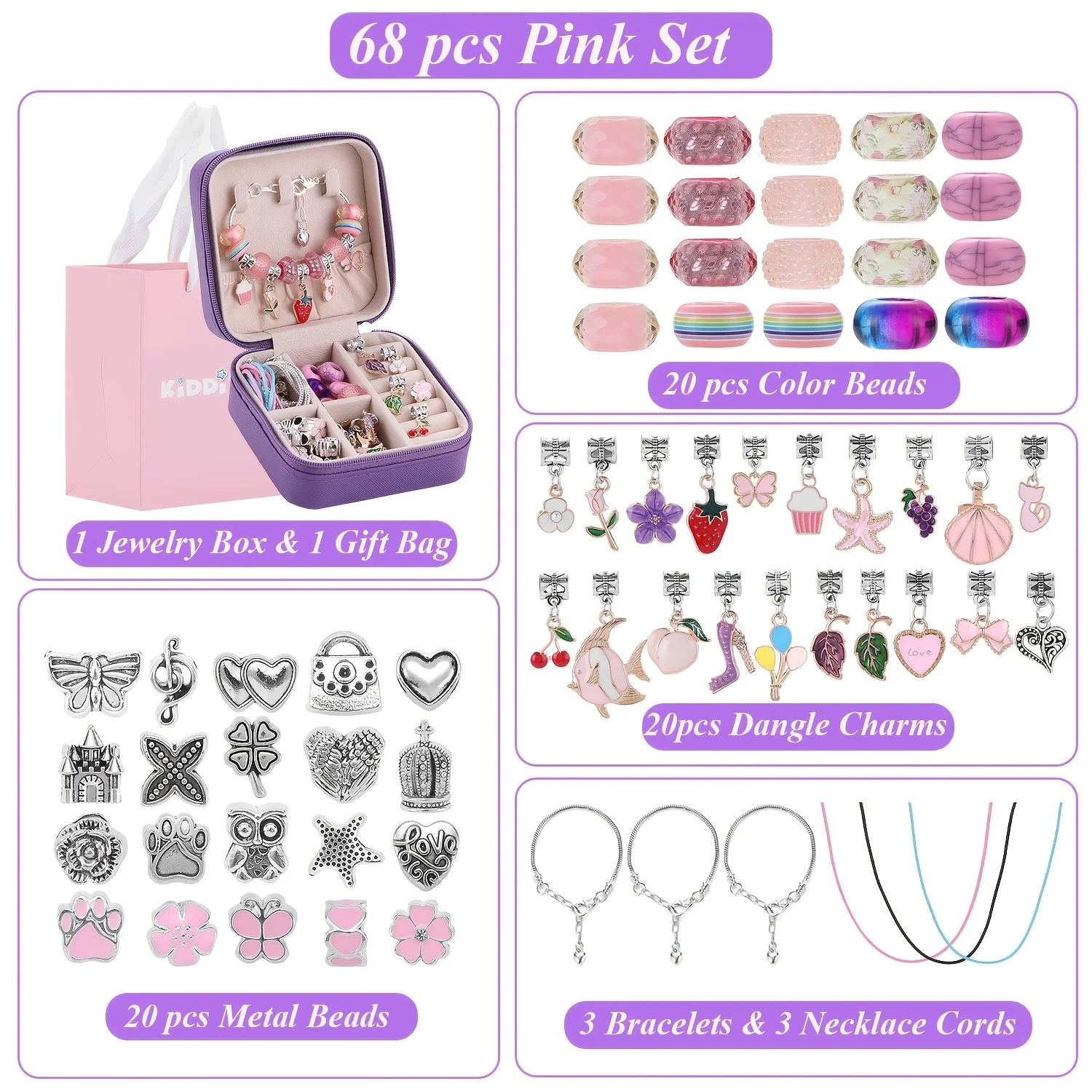 68Pcs Beading Kit with a Violet Jewelry Box- Pink Charms Bracelet Making Kit, DIY Beaded Bracelet Necklace Making Gift Box