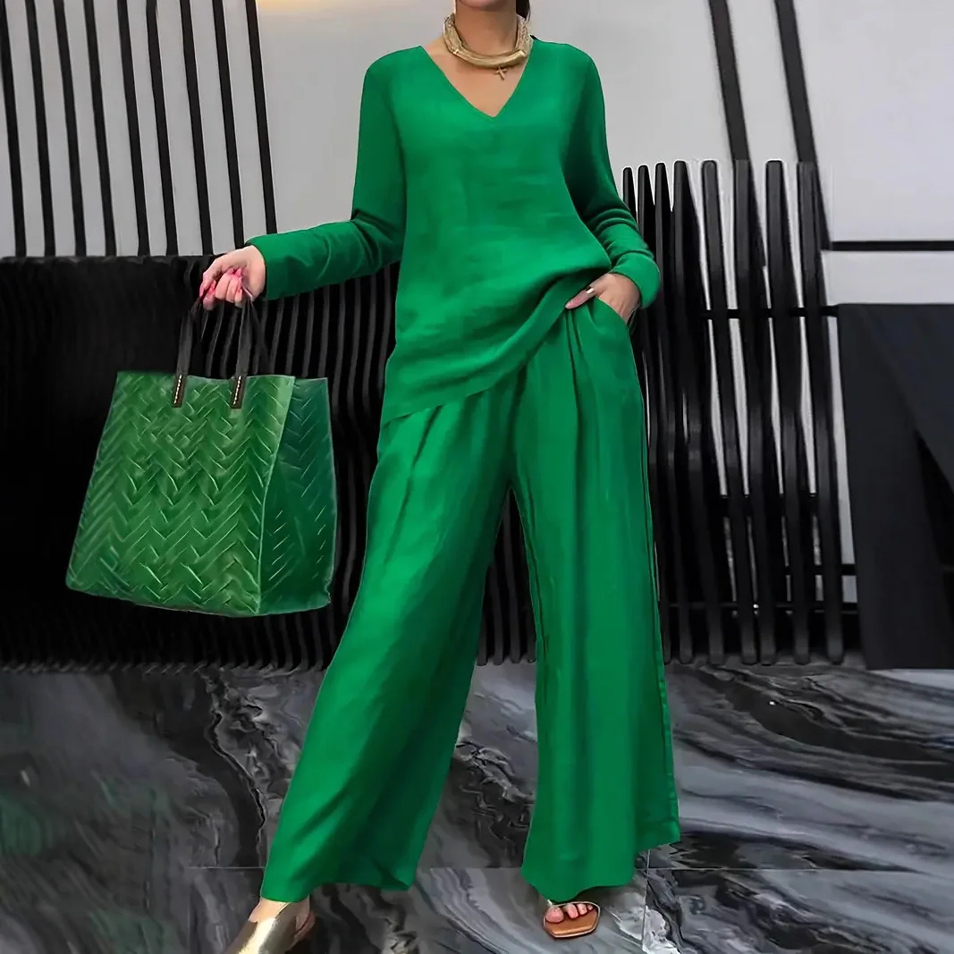 

Summer New Pant Sets Fashionable V-neck Top+ Long Pants 2 Piece Set 2026 Women's Casual Loose Outfit Two Pieces Set Female Suit
