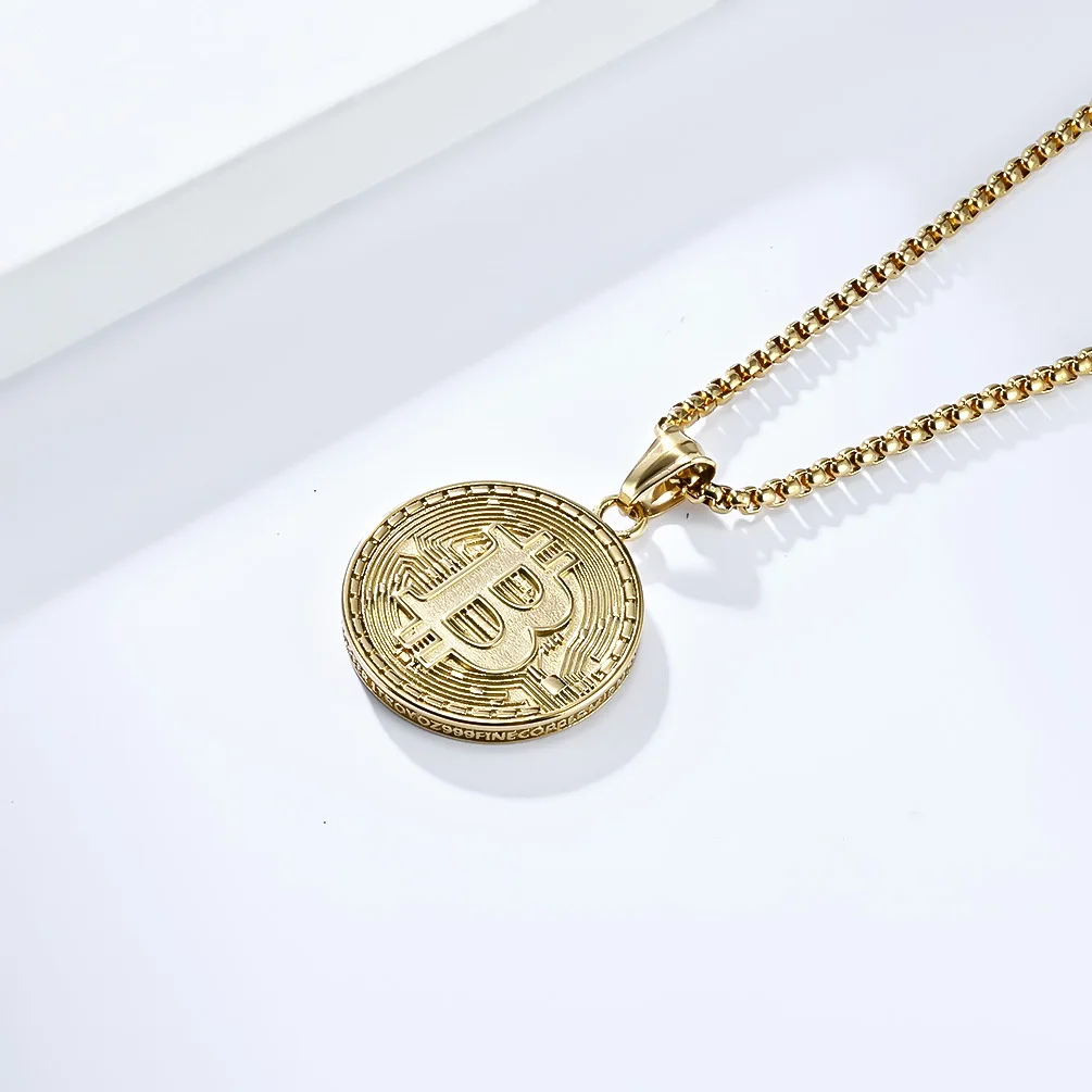 Stainless Steel Hip-Hop Style Encrypted Bitcoin round Pendant Unisex Fashion Jewelry