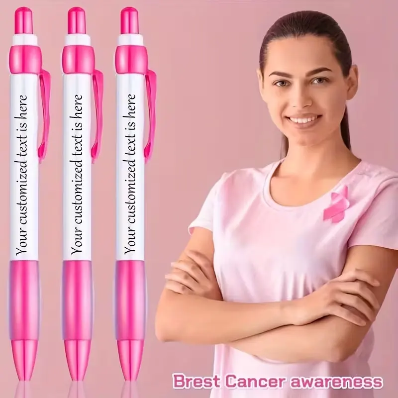Free custom engraving on 25pcs ribbon pens, bullet-shaped 1.0mm tip, creative pink retractable ballpoint pen, breast cancer awareness gift, unique ribbon clip design, spreading hope and support, black ink, smooth writing