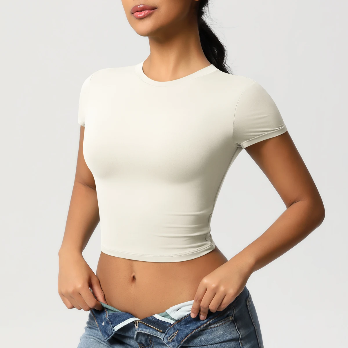 Frauen Sport Shirt Kurzarm Gym Top Workout Kleidung Hohe Elastische Active Wear Femme Lauf Zubehör Fitness T-shirt – Detail 35