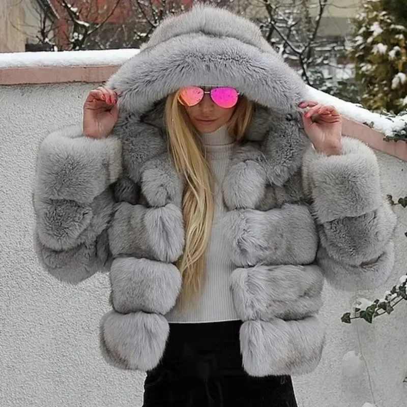 เซ็กซี่คลับฤดูใบไม้ร่วงฤดูหนาวผู้หญิงเสื้อ Faux FUR หนาคุณภาพสูง Hooded Patchwork แจ็คเก็ตเลียนแบบ Fox ผมผู้หญิงเสื้อผ้า