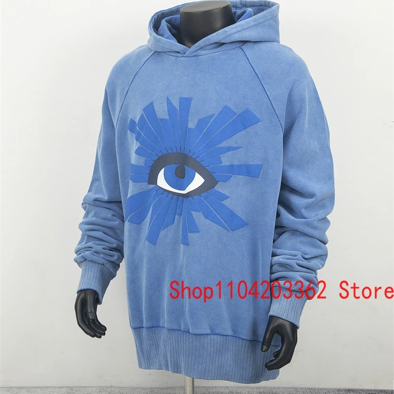 Retro Washed Blue HOUSE OF ERRORS Hoodies High Street Do Old Colored Eyelashes Big Eyes Print Sweatshirt Unisex Hip Hop Pullover