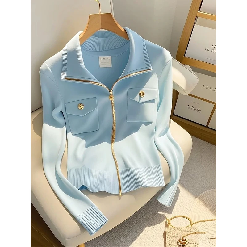 Fashion Blue Knitted Cardigan Women Sweaters Autumn New Elegant Casual Zipper Coat Ladies Short Slim Knitted Jacket Female Top