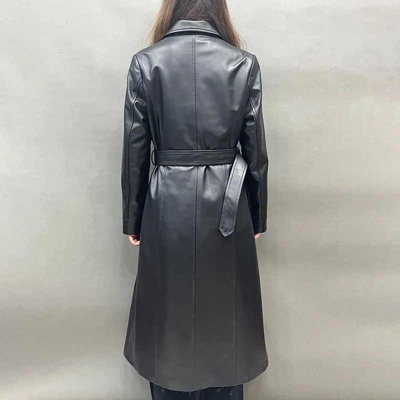 Women's Classic Real Leather Trench Coat Lady Fashion Long Coat Genuine Sheepskin Outerwear