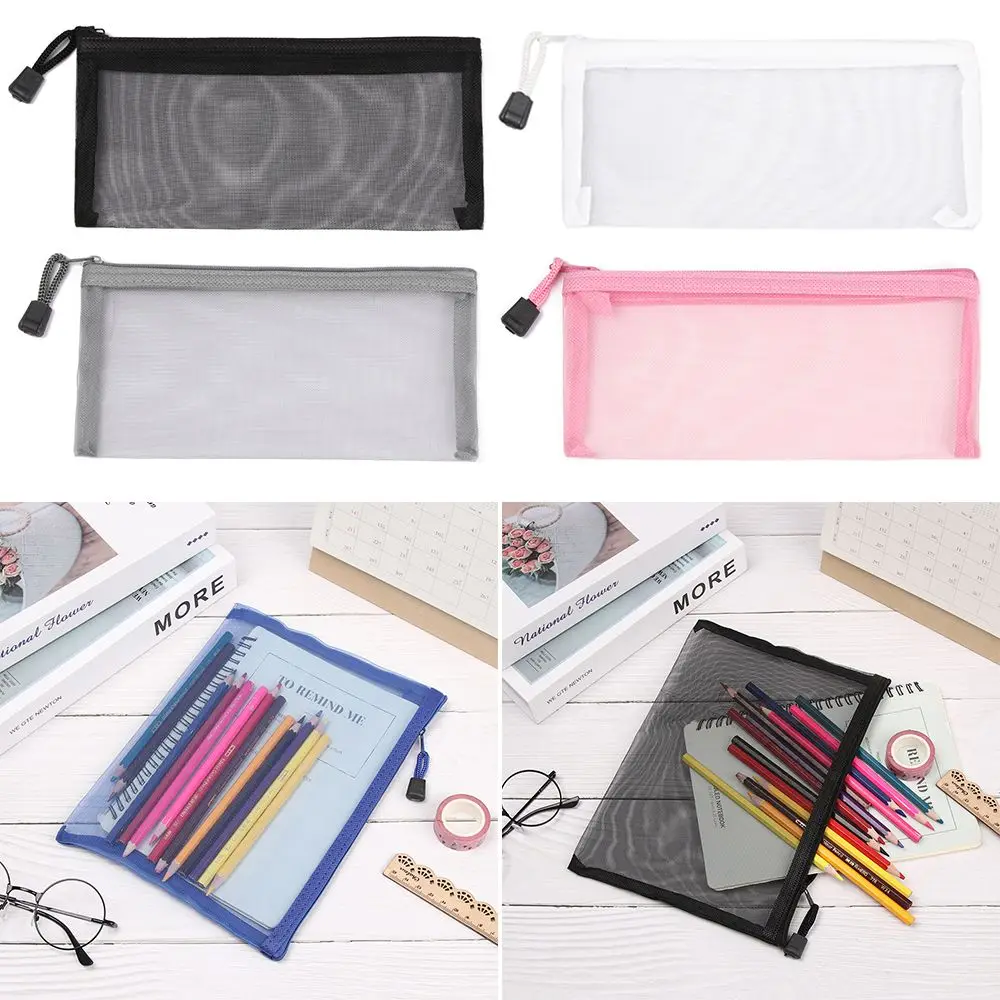 

1pc Fashion Nylon Coin Purse Stationery Handbags Cosmetic Transparent Grid Zipper Pencil Case Cosmetic Storage Mesh Pen Bag