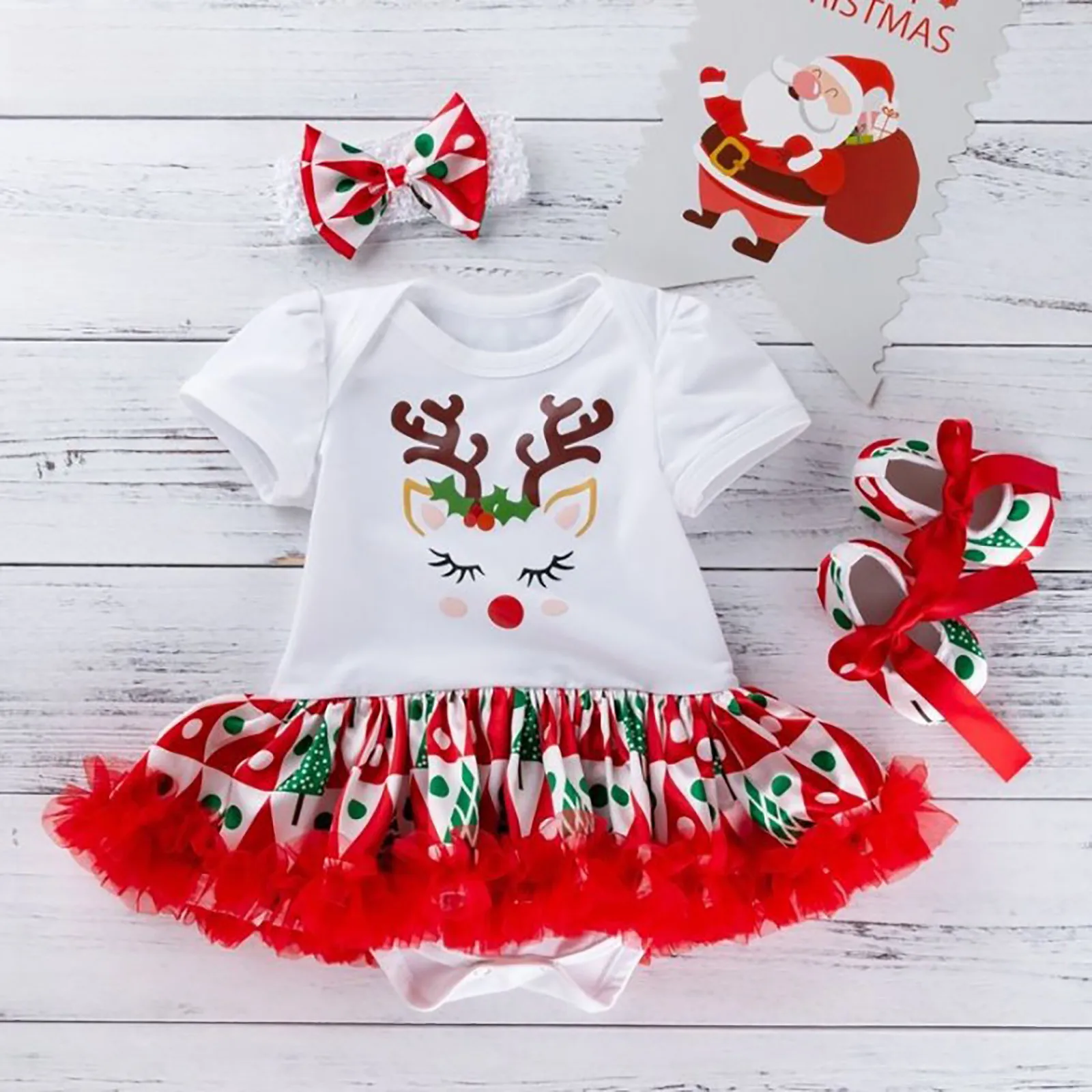 0-24Months Infant Baby Girls Christmas Outfits Cartoon Deer Printed Short Sleeve Romper Tutu Skirt With Headband Shoes 3Pcs Set