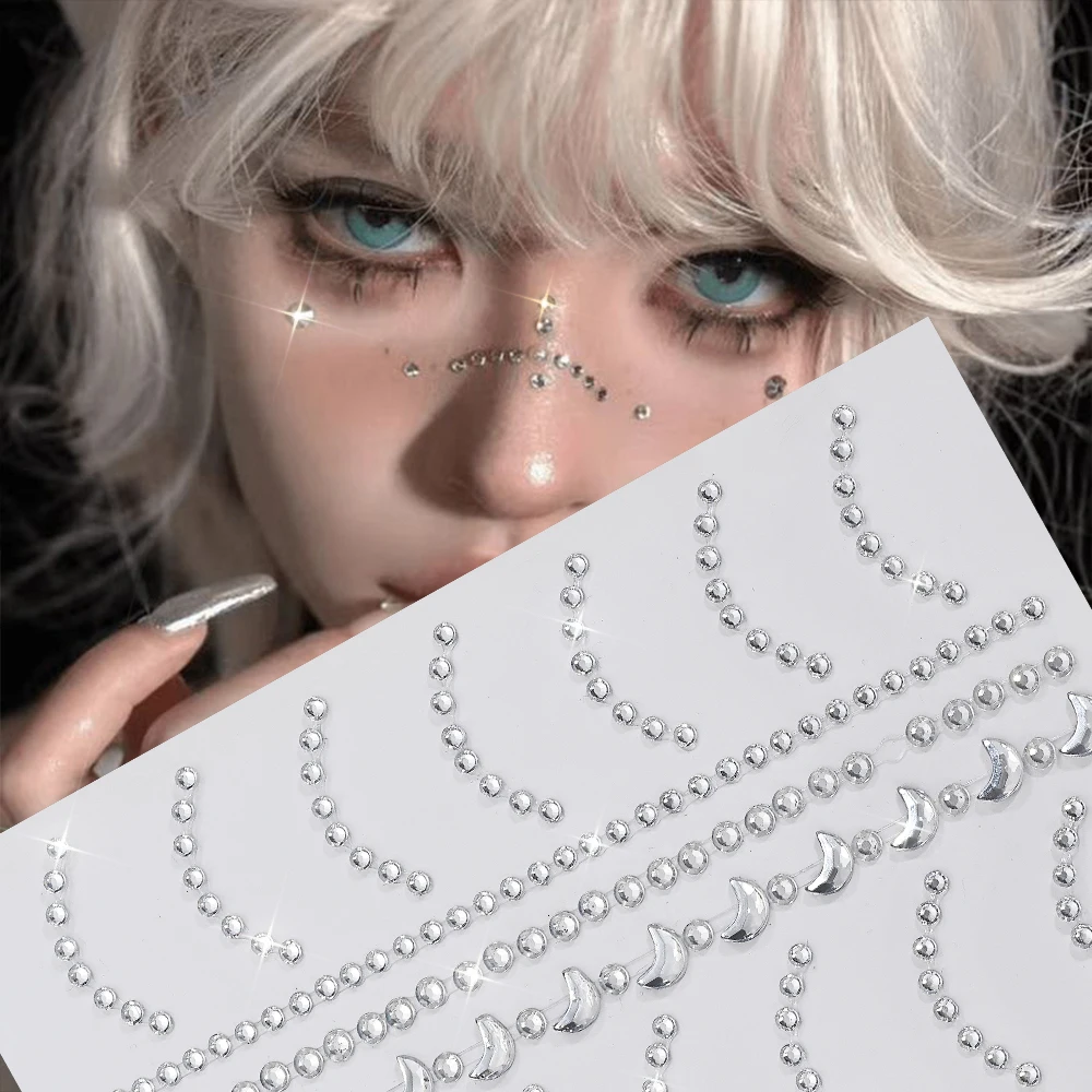 1Pcs 3D Moon Round Jewelry Face Tattoo Stickers Bling White Daimond Decals Festival Eye/Face/Body Self Adhesive Temporary Tattoo