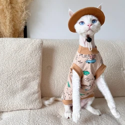 Short Sleeves Cotton T-shirt for Cats Summer Soft Khaki Cute Car Print Coat For Kittens Dogs Spring Cartoon Vest for Devon Rex