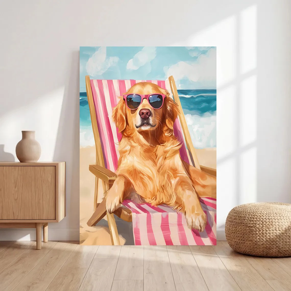 Trendy Golden Retriever Print, Colorful Summer Painting, Funny Golden Dog Lover Beach Decoration Coastal Wall Art Canvas