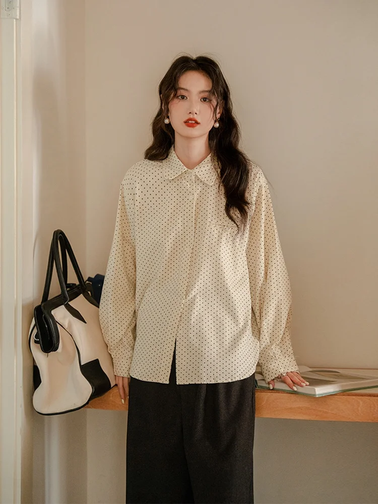 

Vintage Polka Dot Corduroy Long Sve irt Women's Inner Wear Autumn Winter Brown Coffee Color French Sle Loose Fit irt