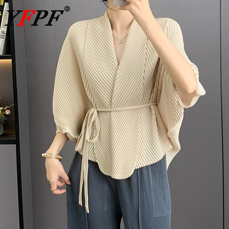 

YFPF Miyake Pleated Design Loose Shirt For Women Solid Color Lace-up Batwing Sleeve Oversize Tops Casual 2025 New Clothing