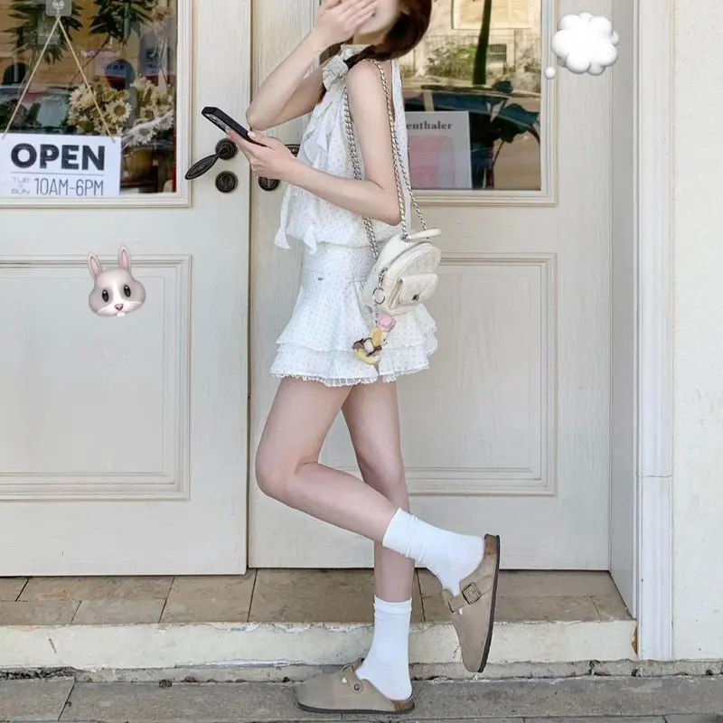 

Aura French Style Halter Polka Dot Mini Dress Summer Sleeveless Women's Clothing Halter Ribbon Chic Lace Spliced Waist Dresses