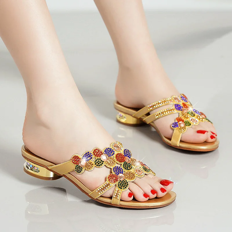 Comfortable Open Toe Summer Beach Slippers Women\'s Rhinestone Diamond High Heel Sandals Fashion Anti-slip Party Shoes