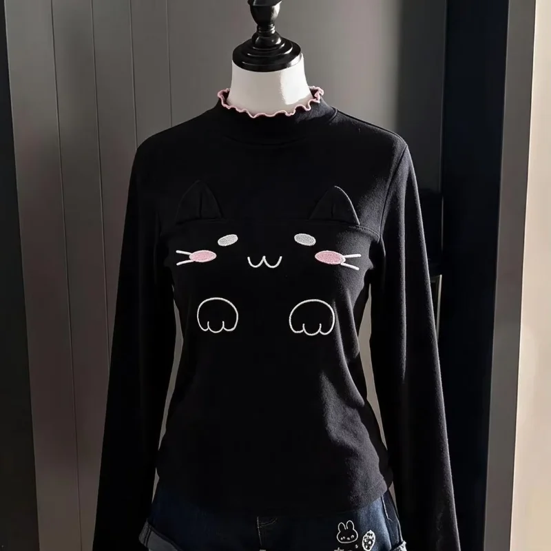 Kawaii Embroidery Half Turtleneck Long Sleeve T-shirt Women Autumn Winter Slim Fit Cropped Layer Top Cute