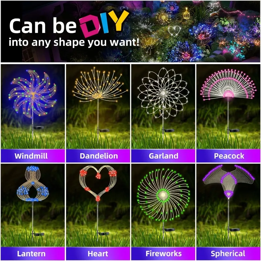 2 luci decorative da giardino solari per fuochi d'artificio solari da esterno con 120 LED e 40 fili di rame per illuminazione paesaggistica fai da te