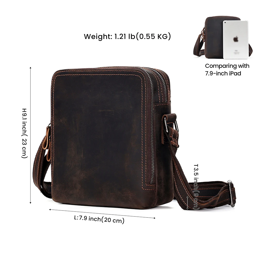 JOYIR Crazy Horse Leather Men\'s Shoulder Bag Vintage Travel Messenger Bags Male Work Casual Crossbody Bags for 7.9\