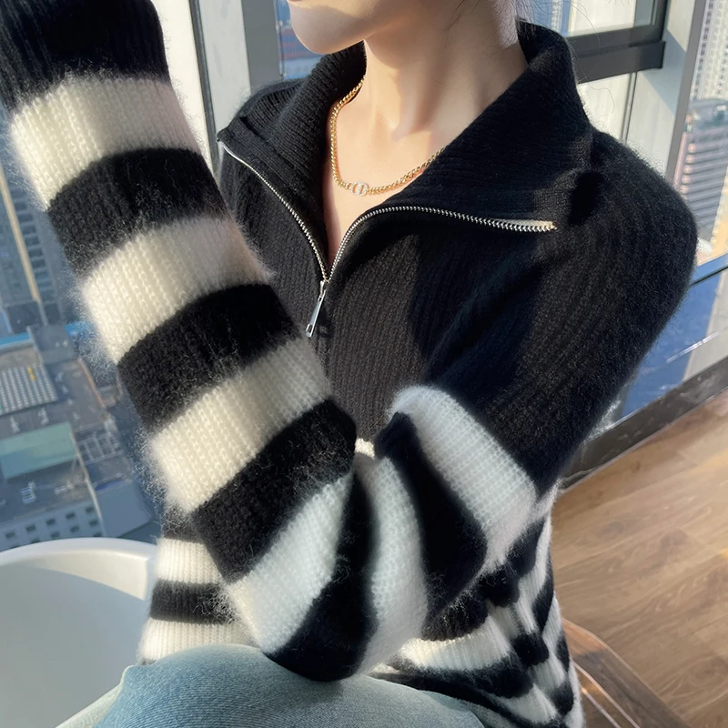 Women\'s winter sweater 100% merino wool thick warm turtleneck sweater striped cashmere sweater casual Korean top.