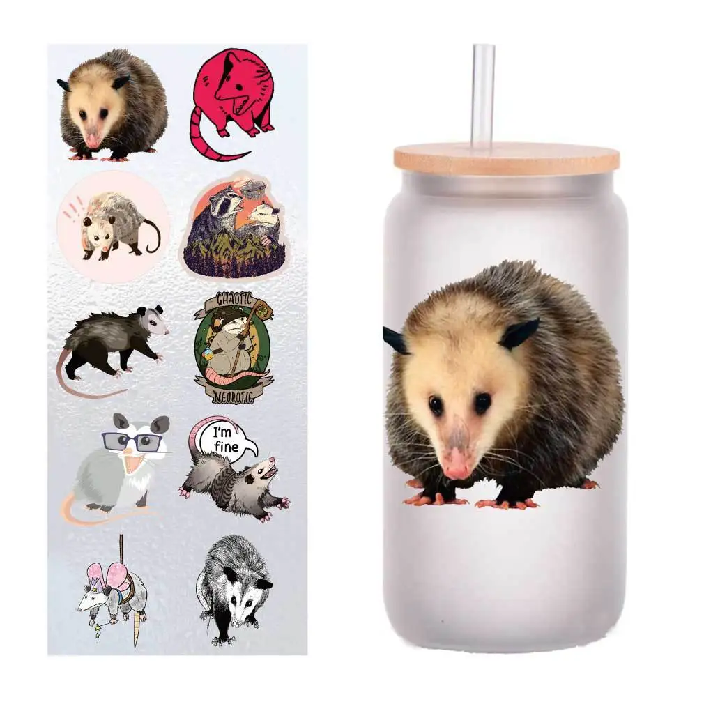 

10 шт./упак., наклейки с изображением животных из мультфильмов opossum, УФ-переносные наклейки, хрустальная этикетка, наклейки на чашку, индивидуальные четыре дюйма