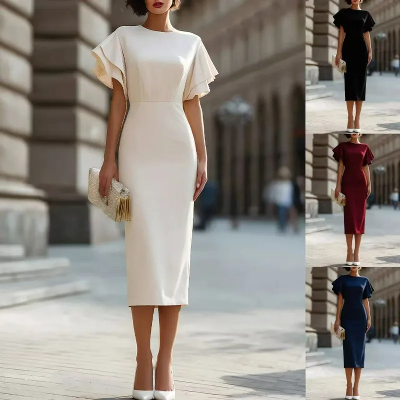 Women' Clothing Ruffle Leaf Edge Sleeves Slim-fitting Hip-wrapped Dress Commuter Banquet Long One-step Skirt Simple Casual Trend