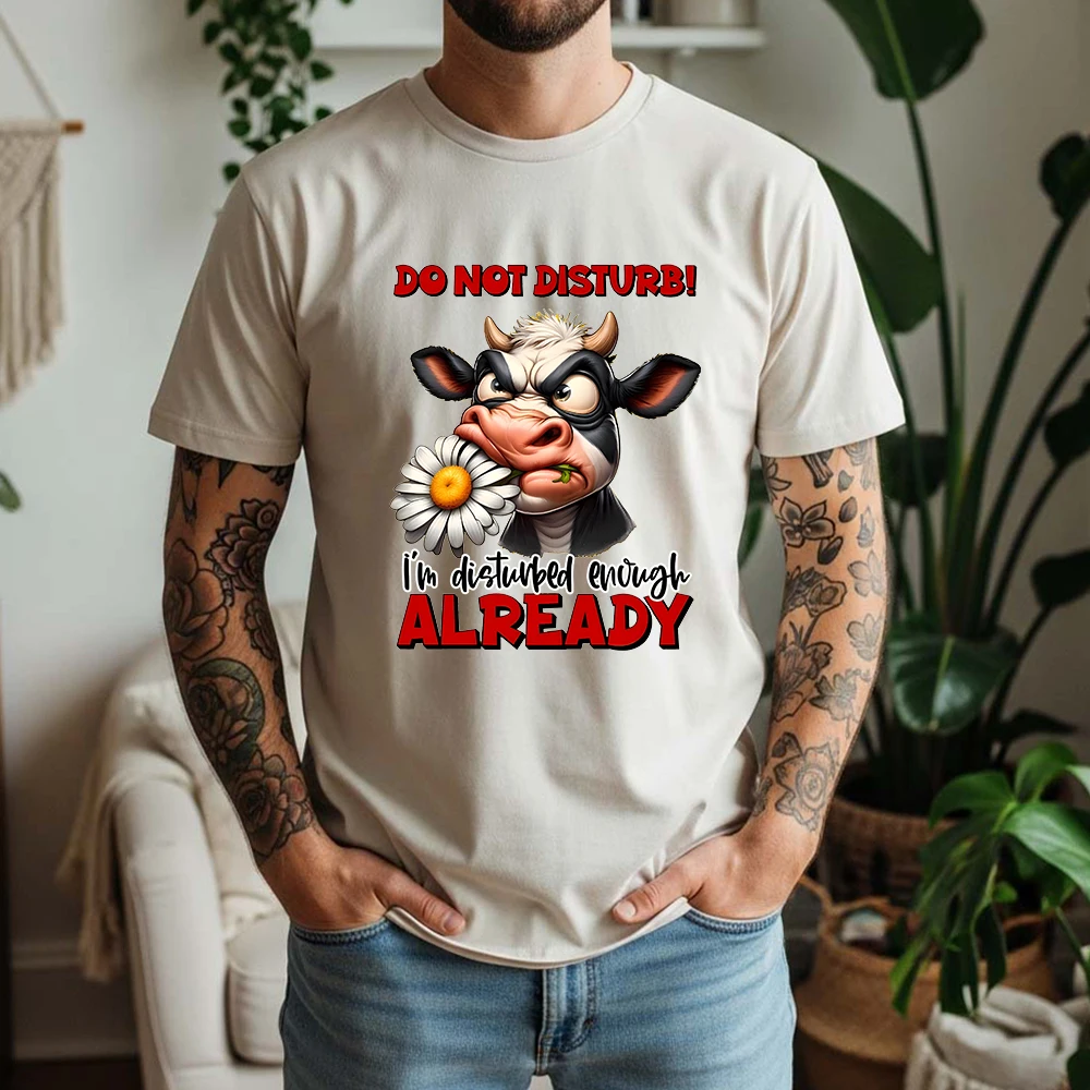 New Summer 100% Pure Cotton T-Shirt Grumpy Cow With Daisy Cartoon Graphic Street Cool Casual Tee Breathable Short Sleeve