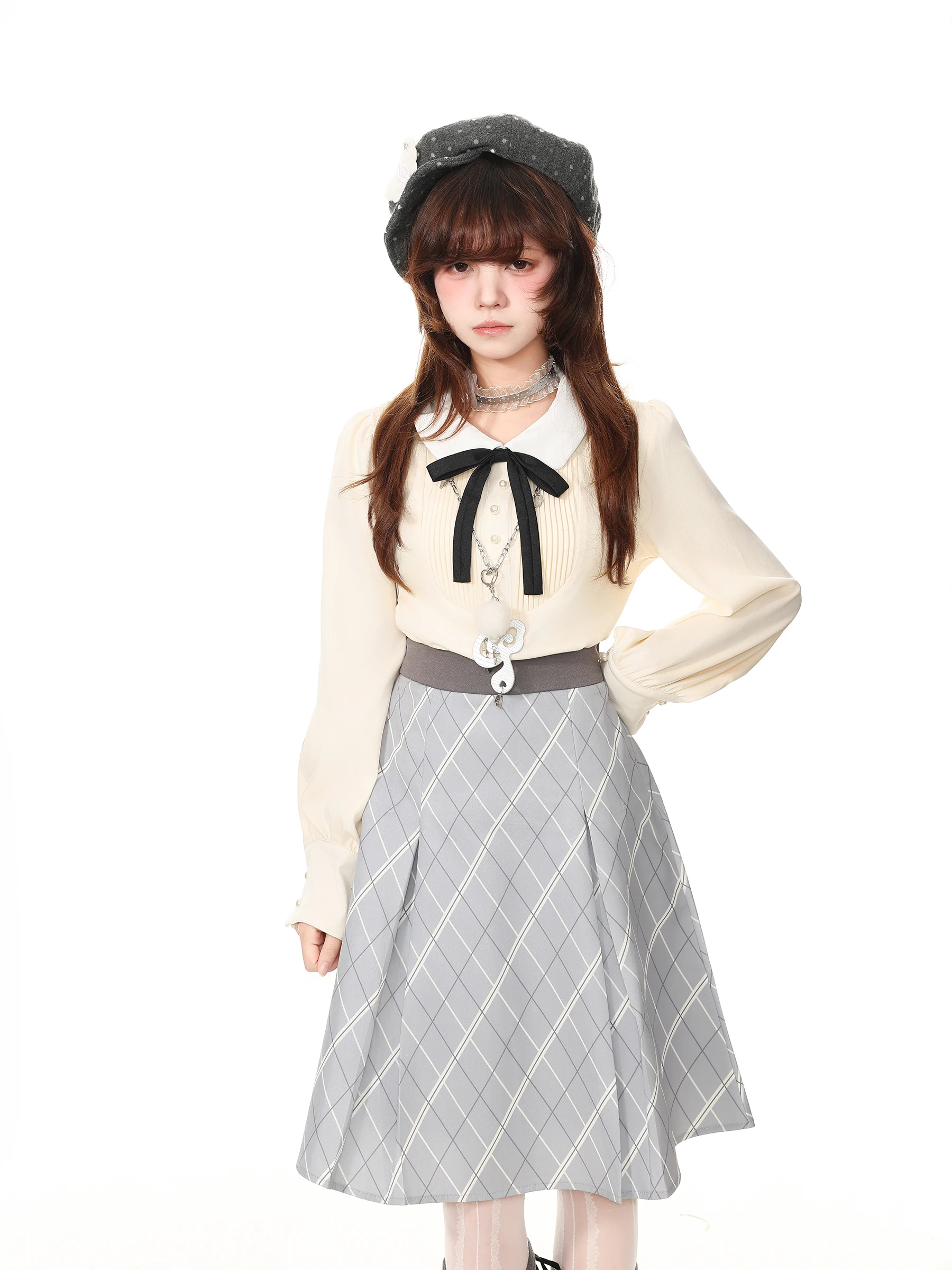Fashionable Doll Collar Two-Piece Set Short Skirt Top for Women Autumn Style Blue Ghost Park Languid Park Japanese Style