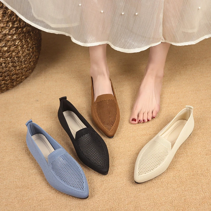 

Women Pointed Toe Flats Shoes Solid Color New Outdoor Sneakers Women Knitted Slip on Shoes for Women Casual Breathable Loafers
