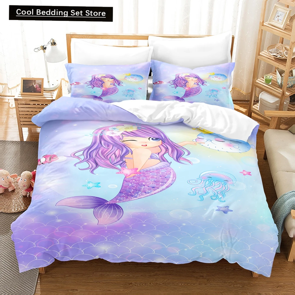 

Mermaid Bedding Set 3D Duvet Cover Set Single Double Twin Full Size Teens Adults Bedclothes Soft Polyester Bed Linen For Baby