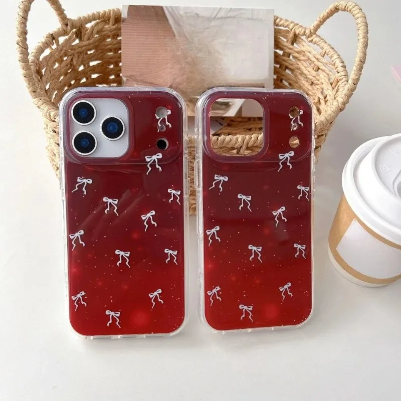 

Korean INS Wine Red Splash Ink Bow Phone Case For IPhone 17 16 15 14 Pro Max Cases Cute Luxury Shockproof Back Protective Cover