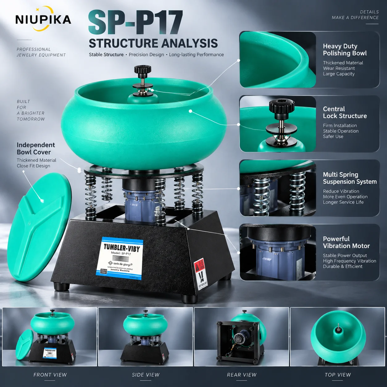 NIUPIKA SPP17 12L Vibratory Tumbler Jewelry Polishing Machine High Frequency Metal Polisher Deburring Finishing for Gold Silvers