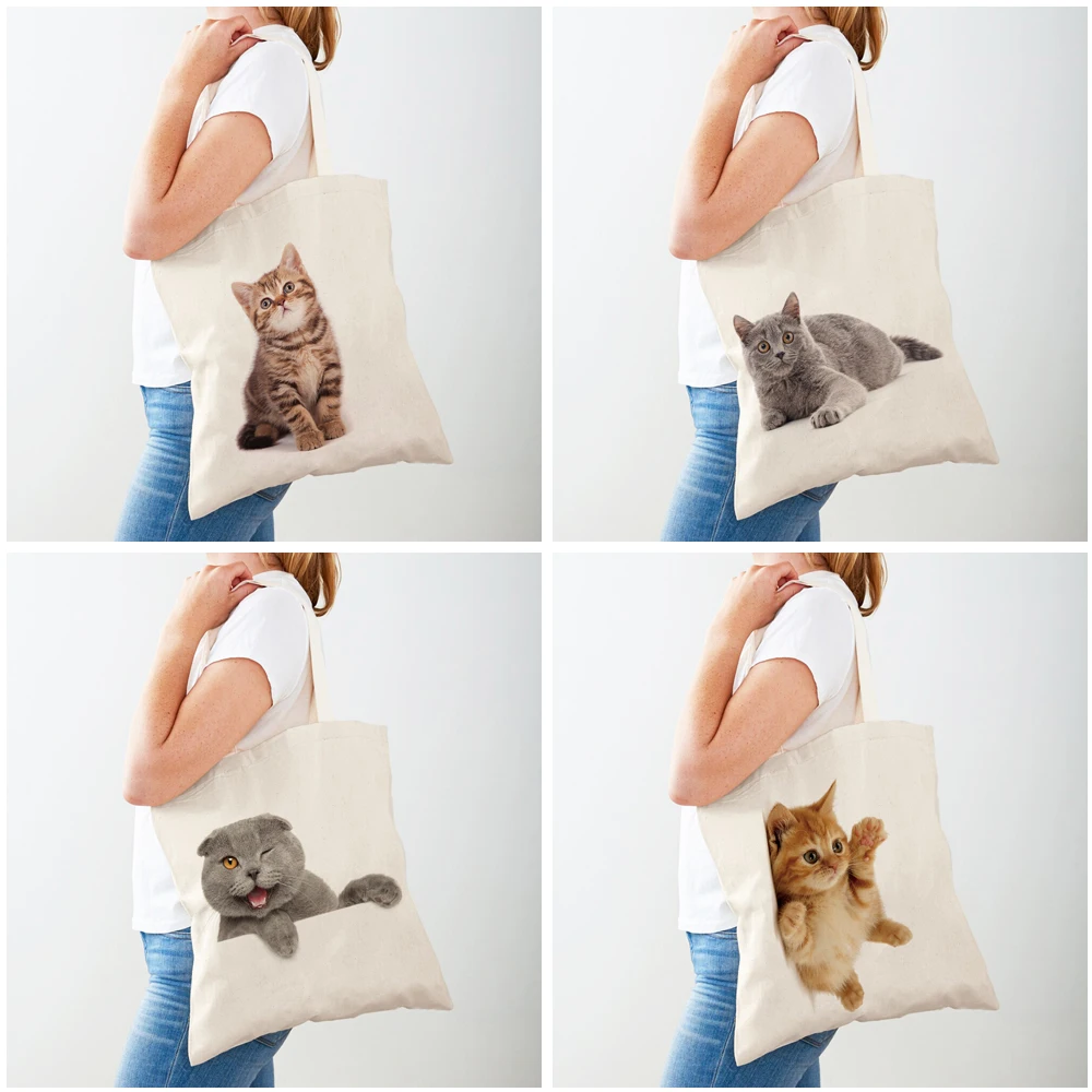 Casual Pet Cat Lady Shopping Bag Both Sided Print Reusable Canvas Fashion Wild Animal Travel Tote Handbag for Women Shopper Bags