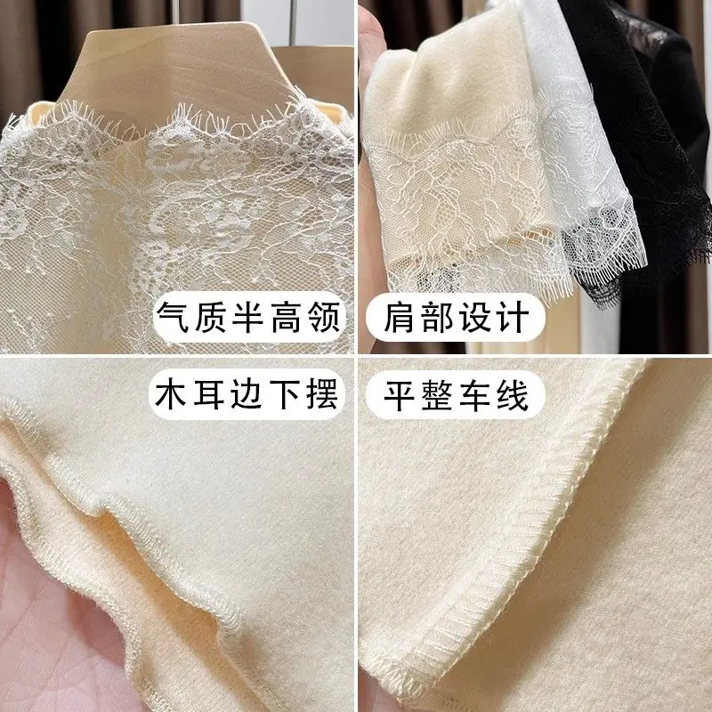 Half-high Neck Hollow Lace Splicing Base Shirt for Women 2025 Spring and Winter Grinding Velvet Slim Warm Top