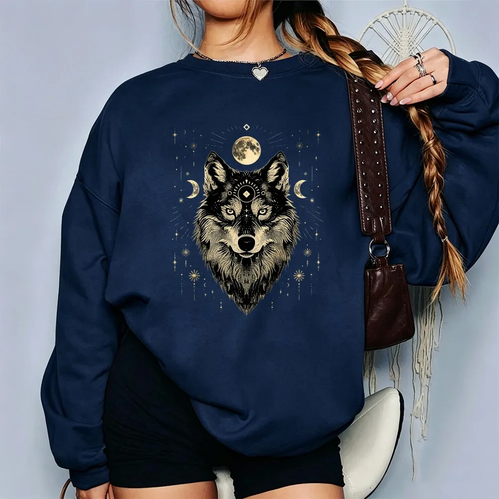 Celestial Wolf Moon Phase Graphic Pullover Vintage Mystical Wild Animal Star Art Print  Casual Long Sleeve Fall Winter Sweat Top
