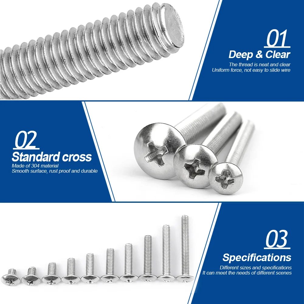 NINDEJIN Cross Truss Head Phillips Machine Screws M2 M3 M4 M5 M6 M8 Mushroom Big Flat Head Screw Stainless Steel Philips Screw