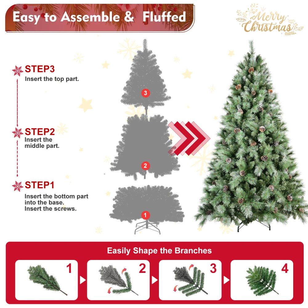 7ft Scotch Pine Christmas Tree, Premium Frosted Pre-Decorated Artificial Holiday Decor,348 Branch Tips, Xmas Trees