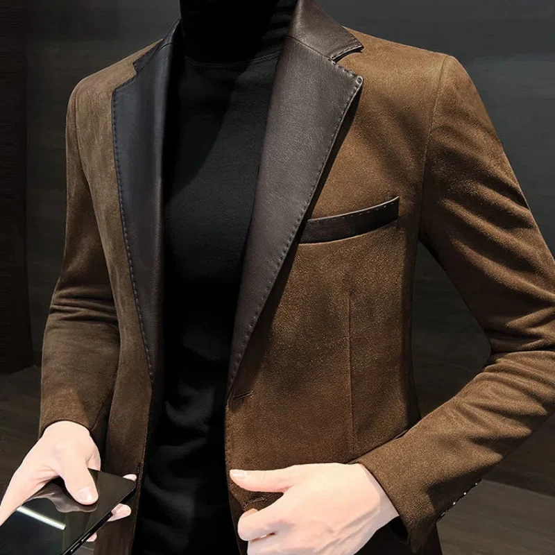 Spring Autumn Fashion Long Sleeve Turn-down Collar Patchwork Solid Deer Skin Blazers Men's Clothing Korean Pockets Button Tops