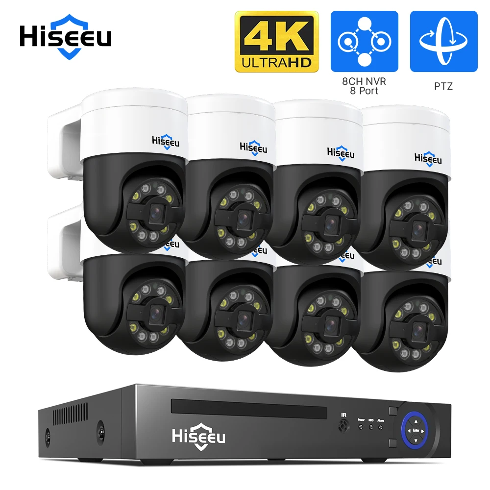 Hiseeu 8MP 5X Digital PTZ POE Camera Surveillance Set 5MP 4K IP POE Camera 8CH NVR Outdoor Waterproof Security Camera System Set