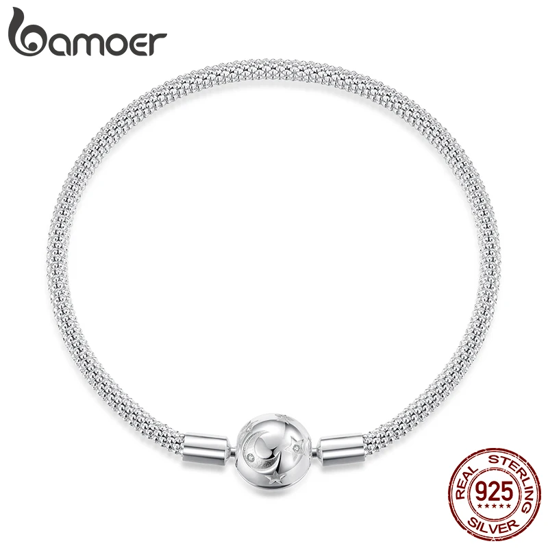 Bamoer 925 Sterling Silver Star and Moon Basic Bracelet Round Charm Bangle for Women Minimalist Eternal Love Gift Wrist Decor