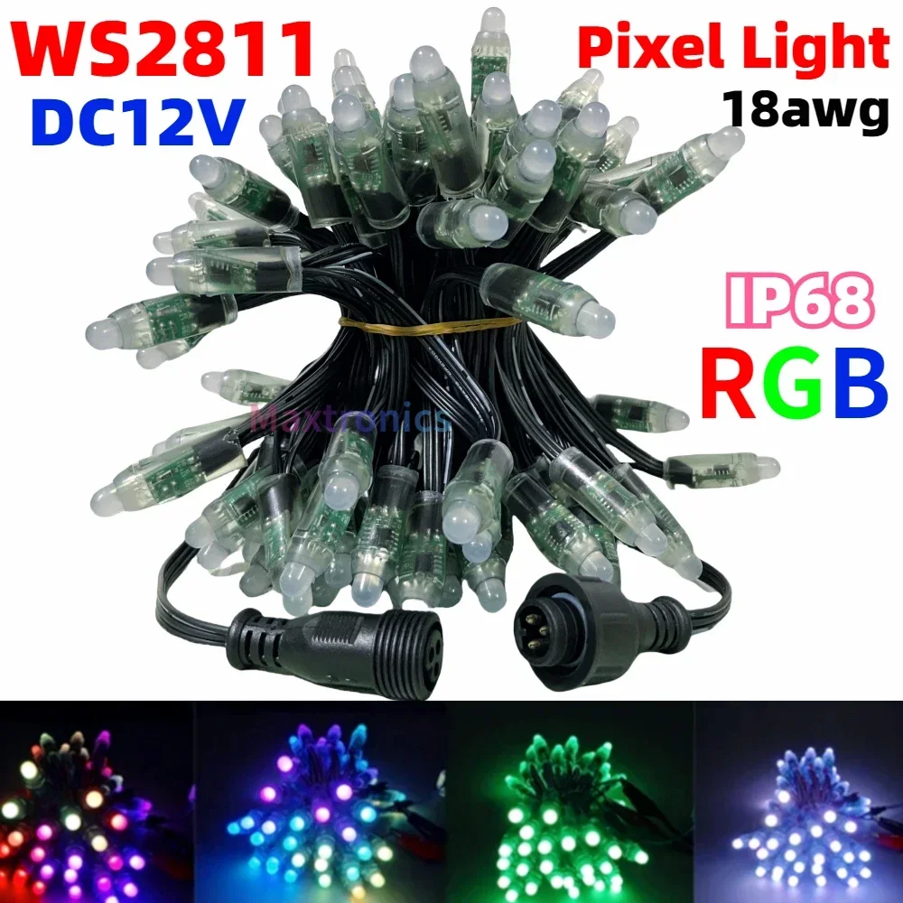 500/1000szt DC12V WS2811 12MM Led Pixel Modules Bullet Full Color 18awg Black Wire IP68 13.5mm Connector for Holiday Decor Light