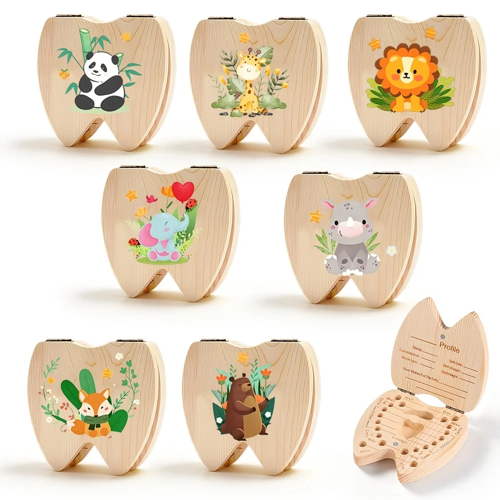 2D Wooden Storage Box Animal Theme Infant Deciduous Teeth Umbilical Cord First Haircut Memorial Crate Newborns Preserve 1PCS
