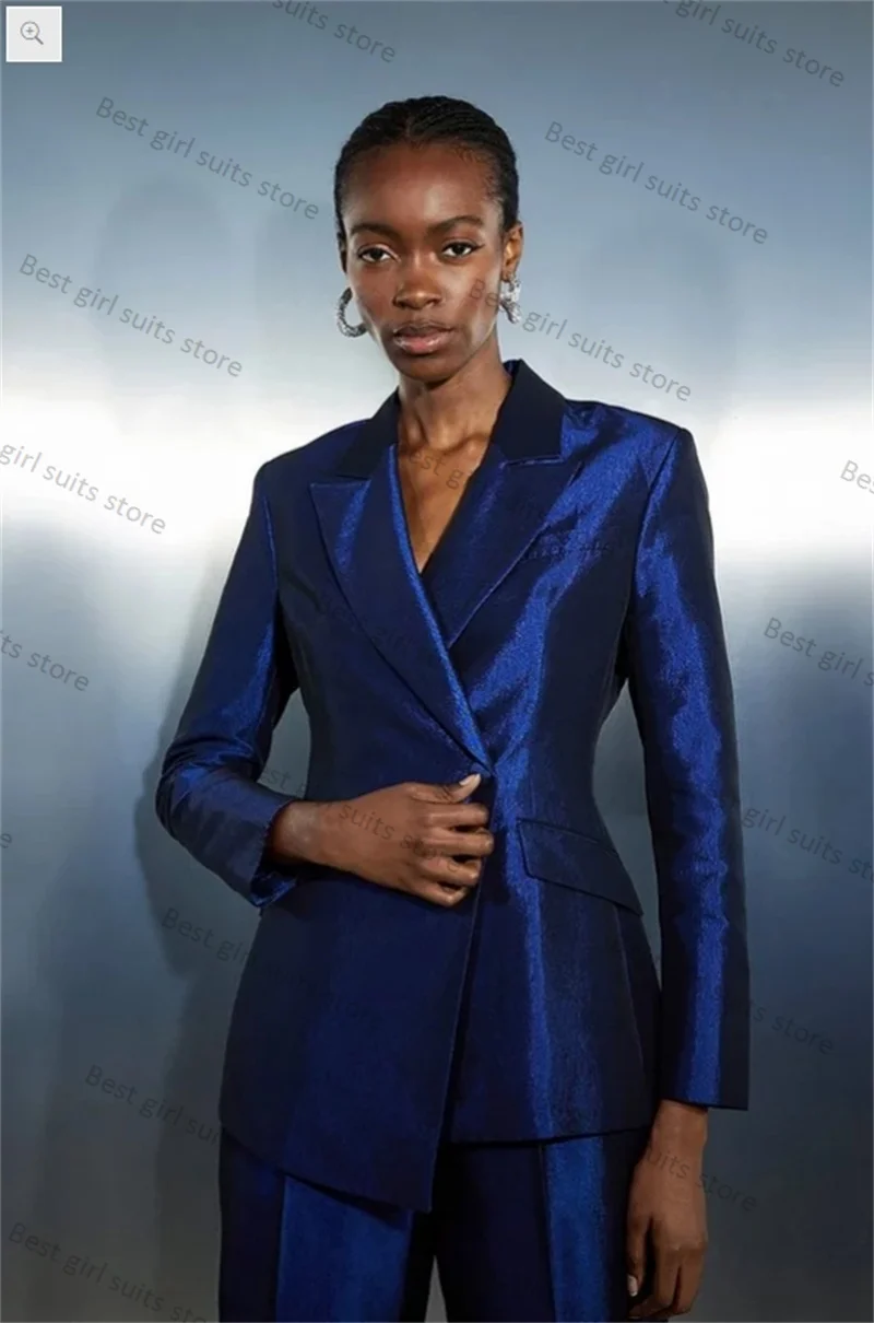 Royal Blue Satin 2 Pieces Women Suit Pants Set Blazer+Straight Trousers Formal Office Coat Customized Wedding Prom Dress Jacket