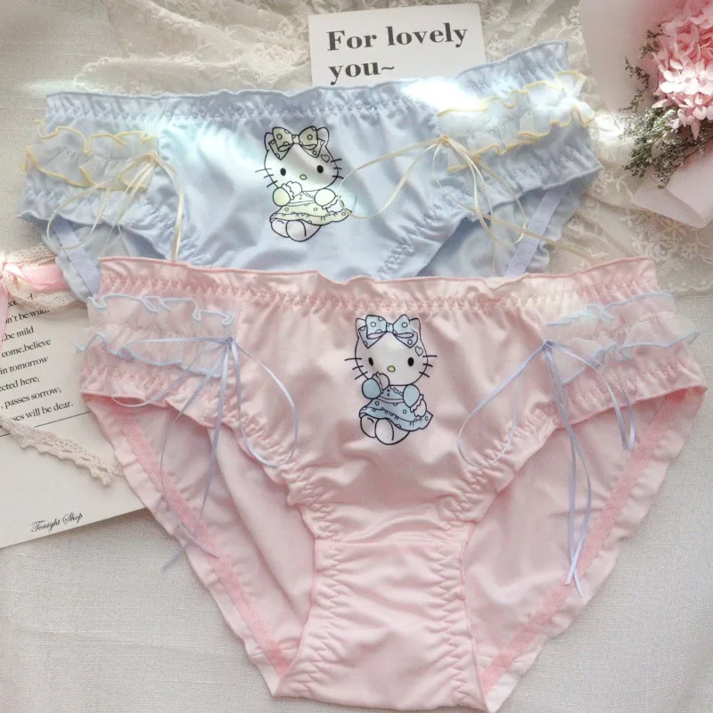 Hello Kitty Cartoon Anime Cute Kawaii Women Panties Sweet Girl Lace Bow Lolita Pink Briefs Triangle Pants Lingerie Smooth Trunks