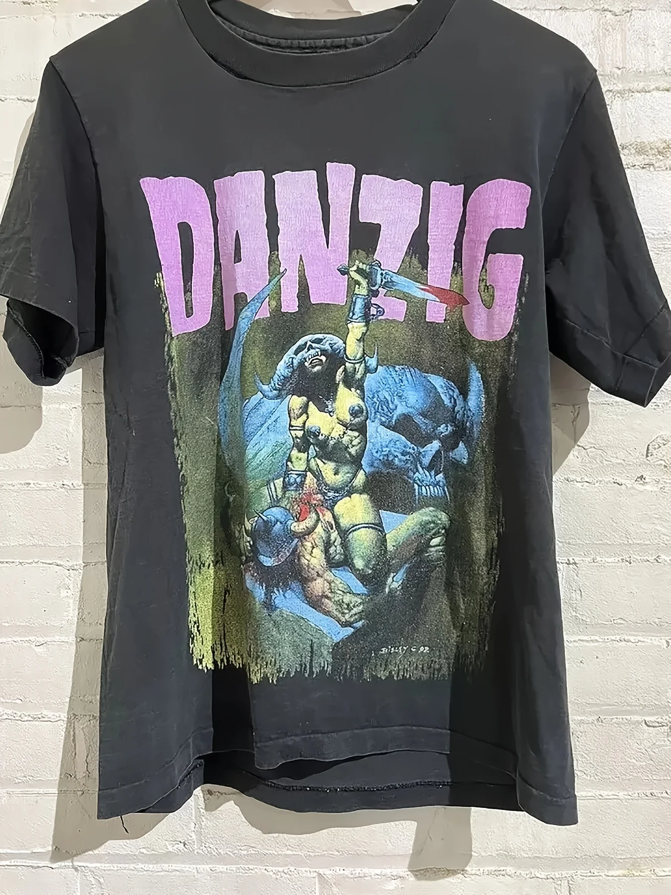 

Danzig Misfits How The Gods Kill Grunge 1992 Graphic T-Shirt Men'S Casual Short Sleeve Cotton Black with Pink Green Print